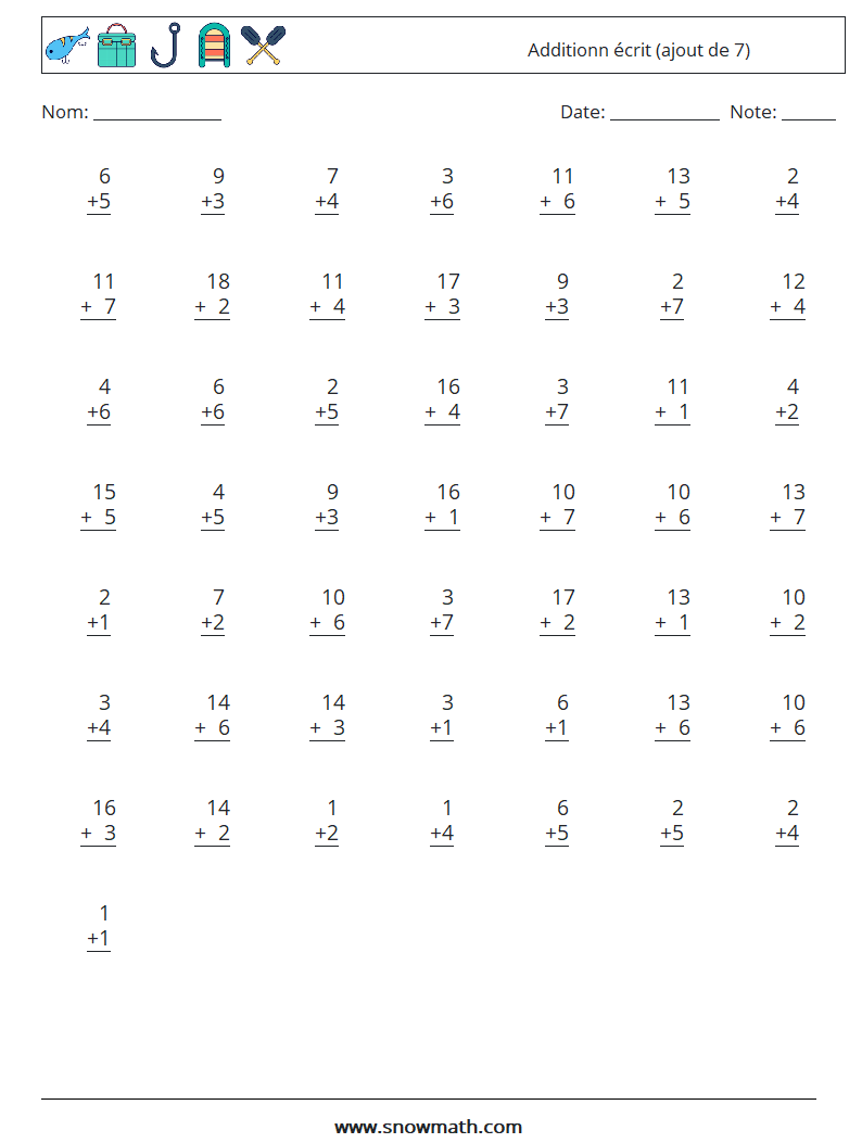 (50) Additionn écrit (ajout de 7) Fiches d'Exercices de Mathématiques 15