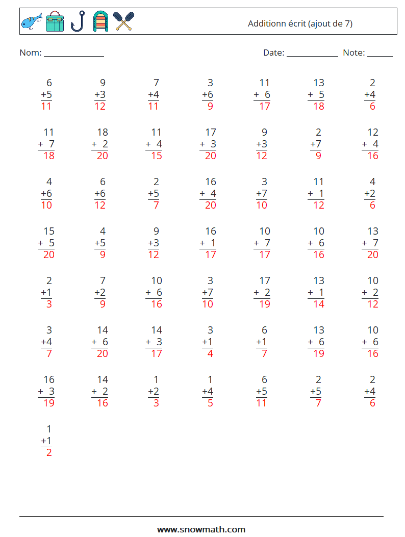 (50) Additionn écrit (ajout de 7) Fiches d'Exercices de Mathématiques 15 Question, Réponse