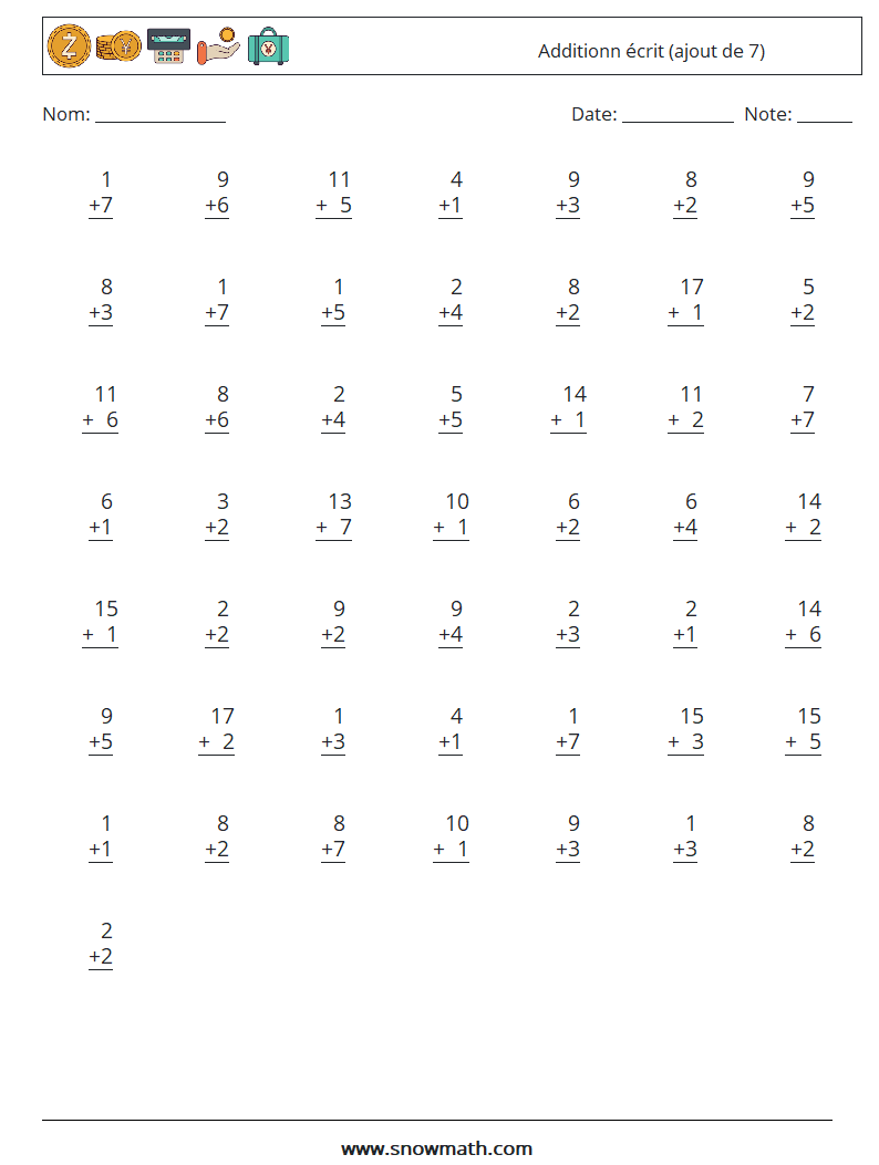 (50) Additionn écrit (ajout de 7) Fiches d'Exercices de Mathématiques 17