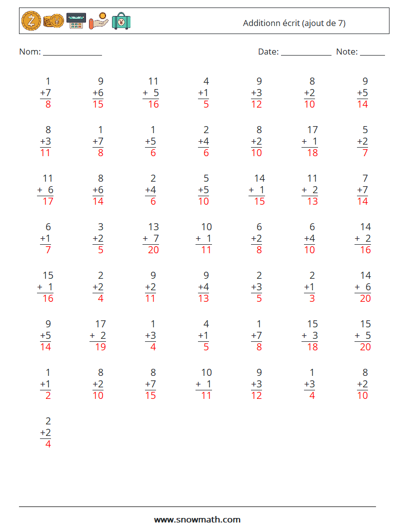 (50) Additionn écrit (ajout de 7) Fiches d'Exercices de Mathématiques 17 Question, Réponse