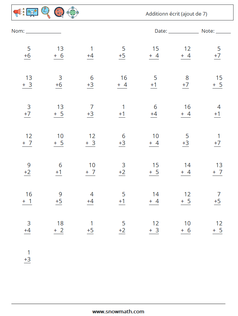 (50) Additionn écrit (ajout de 7) Fiches d'Exercices de Mathématiques 18