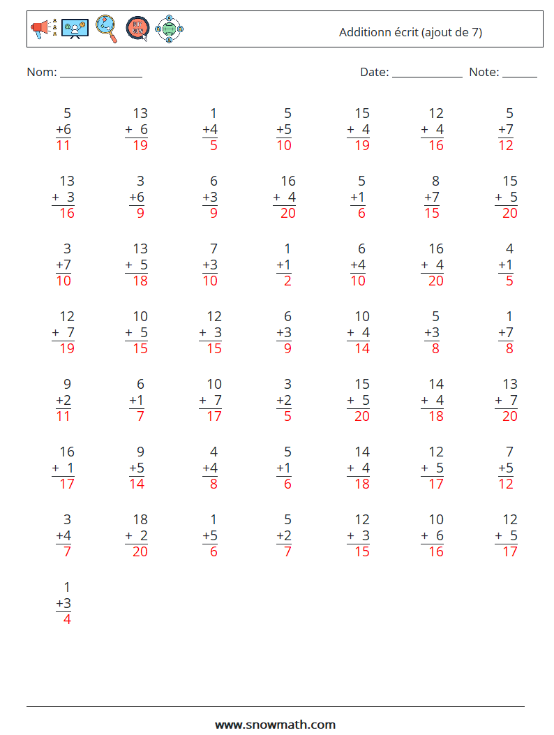 (50) Additionn écrit (ajout de 7) Fiches d'Exercices de Mathématiques 18 Question, Réponse