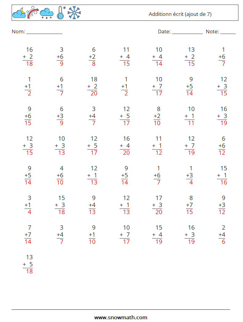 (50) Additionn écrit (ajout de 7) Fiches d'Exercices de Mathématiques 1 Question, Réponse