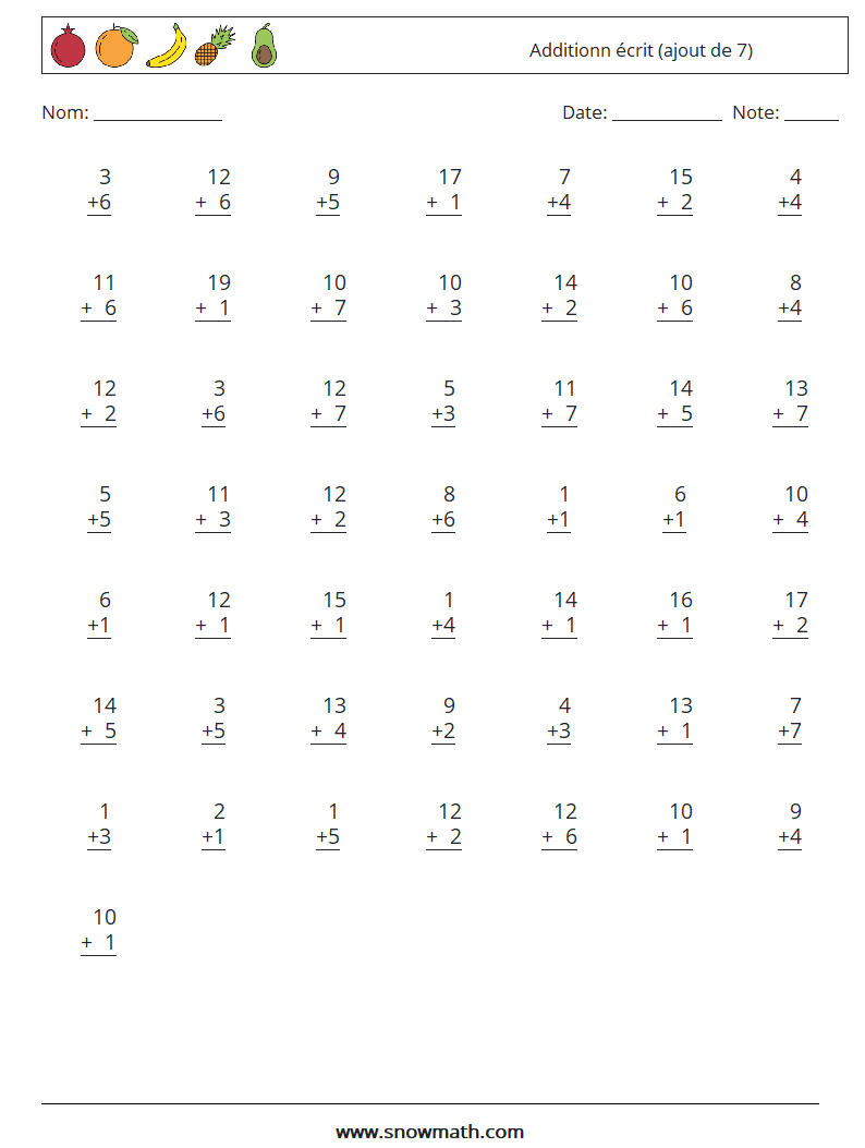 (50) Additionn écrit (ajout de 7) Fiches d'Exercices de Mathématiques 2