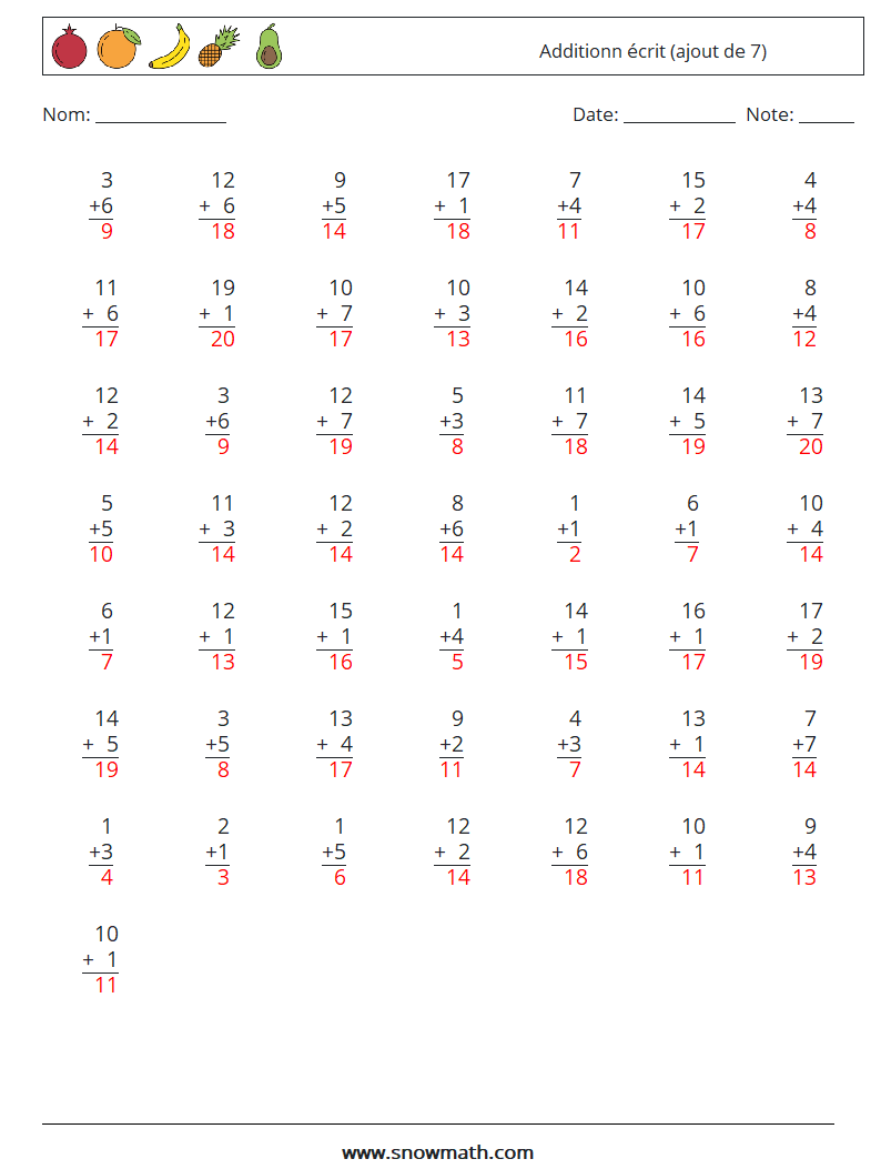 (50) Additionn écrit (ajout de 7) Fiches d'Exercices de Mathématiques 2 Question, Réponse