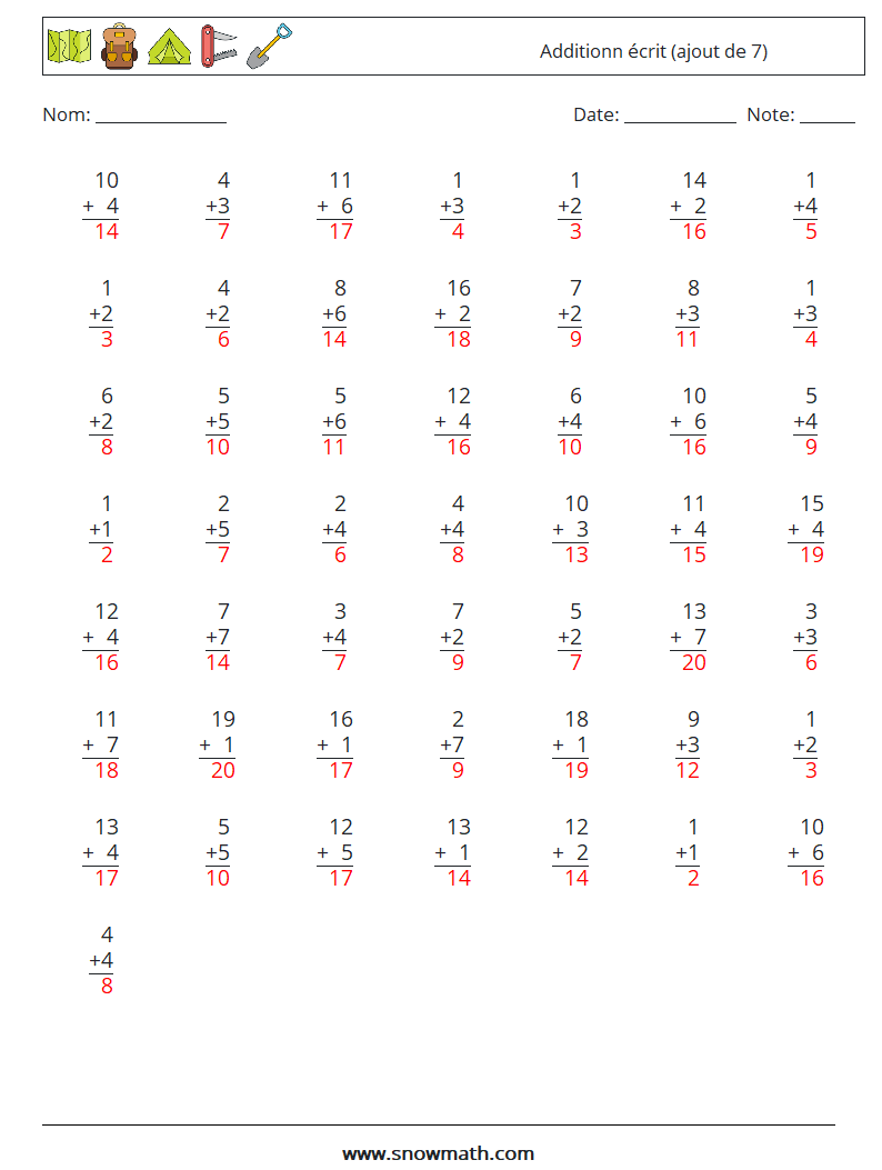 (50) Additionn écrit (ajout de 7) Fiches d'Exercices de Mathématiques 3 Question, Réponse