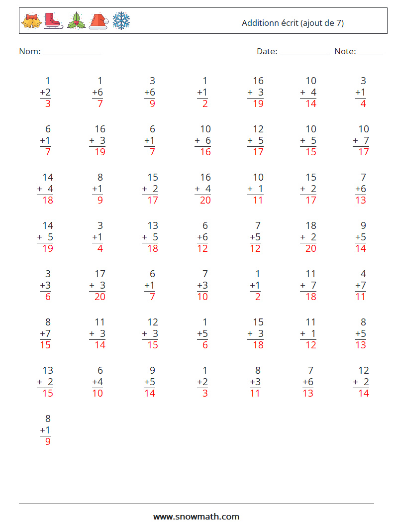 (50) Additionn écrit (ajout de 7) Fiches d'Exercices de Mathématiques 5 Question, Réponse