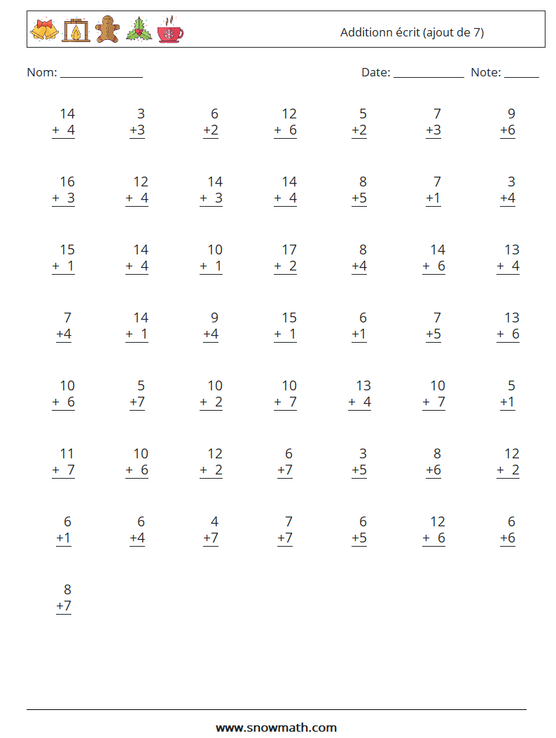 (50) Additionn écrit (ajout de 7) Fiches d'Exercices de Mathématiques 7