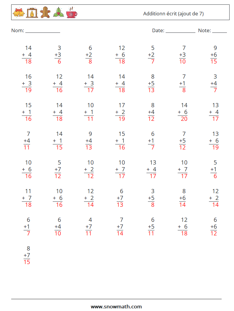 (50) Additionn écrit (ajout de 7) Fiches d'Exercices de Mathématiques 7 Question, Réponse