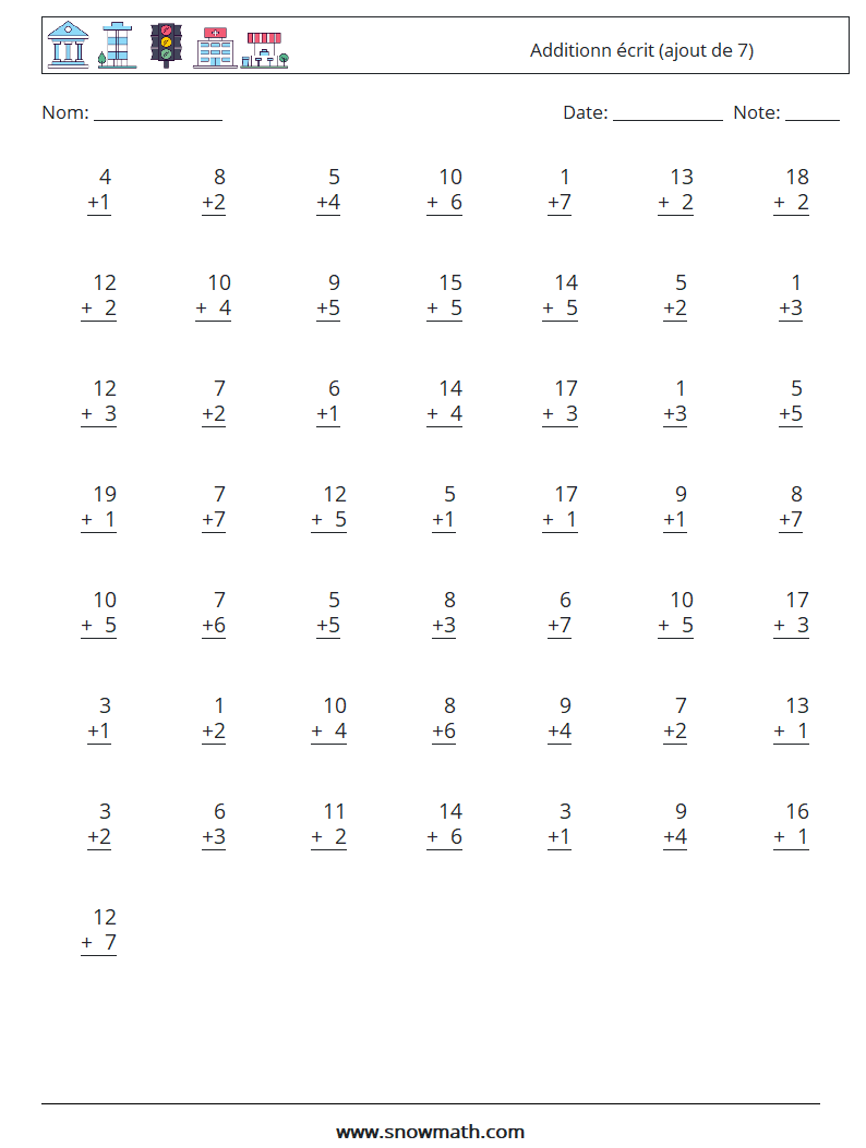 (50) Additionn écrit (ajout de 7) Fiches d'Exercices de Mathématiques 8