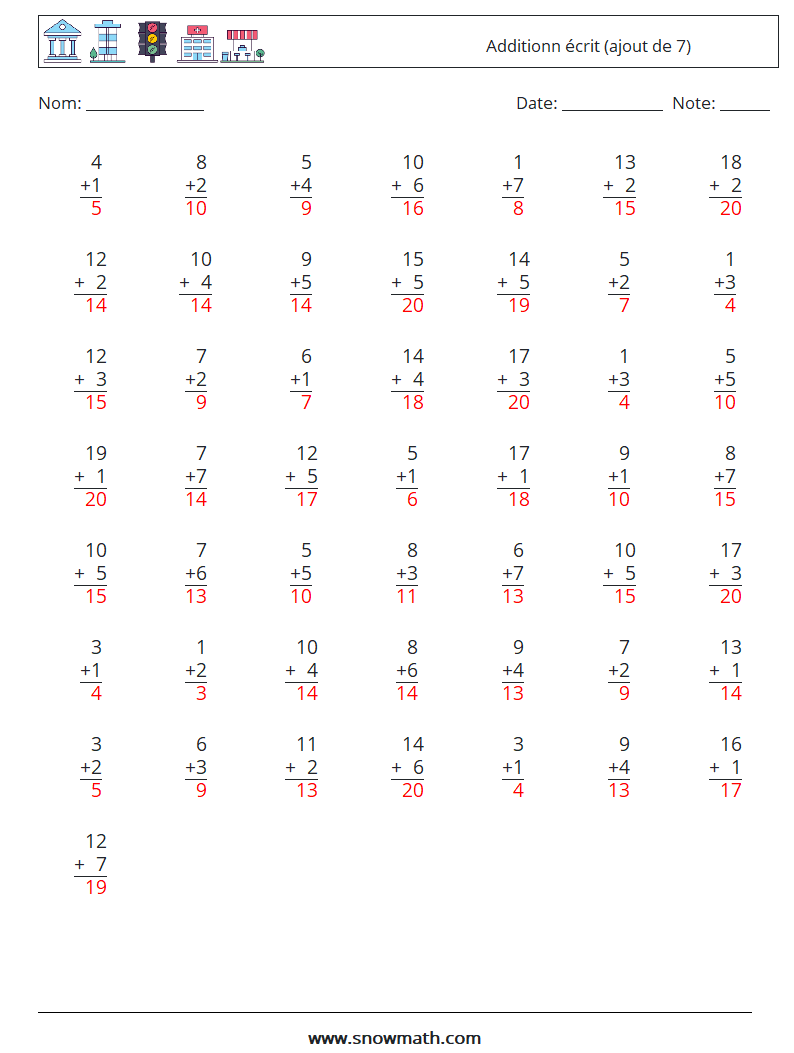 (50) Additionn écrit (ajout de 7) Fiches d'Exercices de Mathématiques 8 Question, Réponse