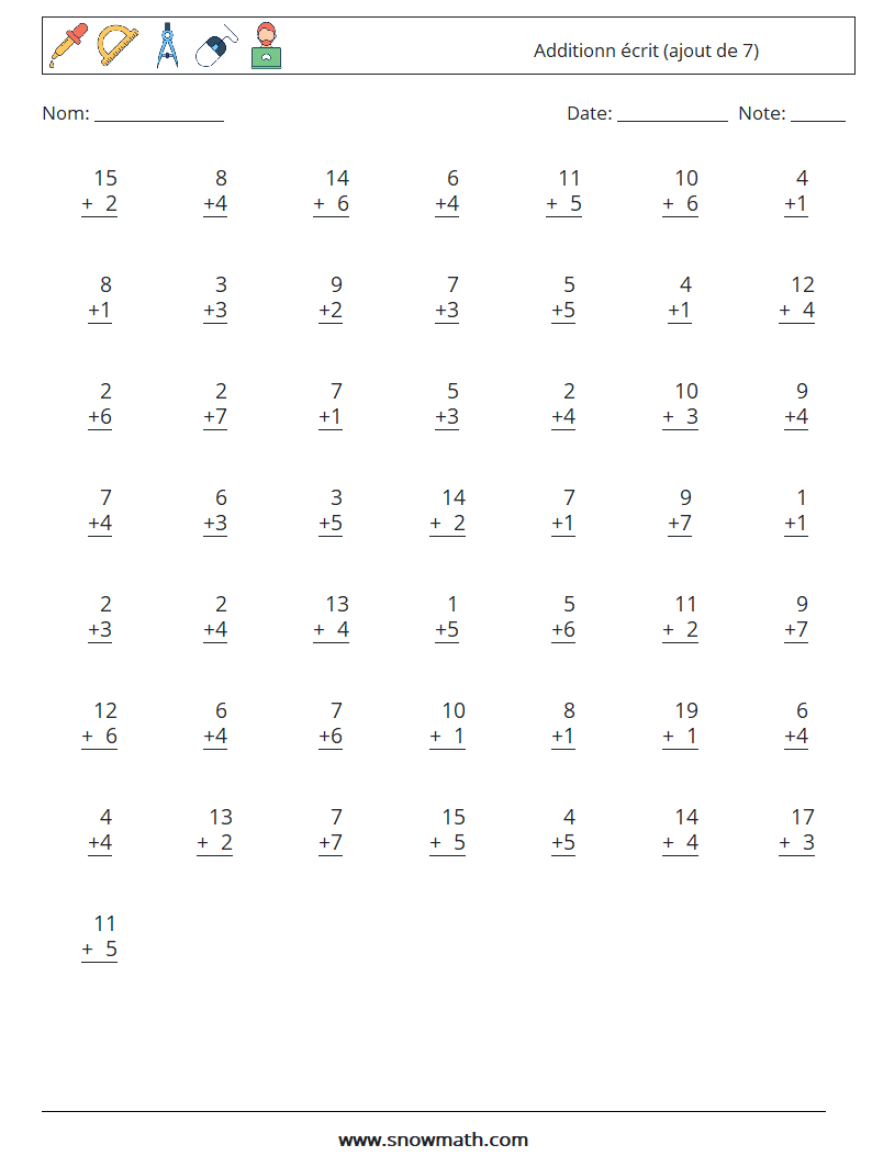 (50) Additionn écrit (ajout de 7) Fiches d'Exercices de Mathématiques 9