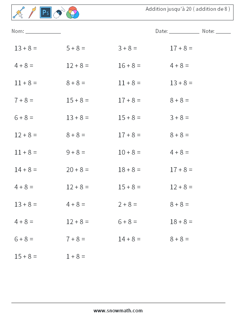 (50) Addition jusqu'à 20 ( addition de 8 ) Fiches d'Exercices de Mathématiques 1