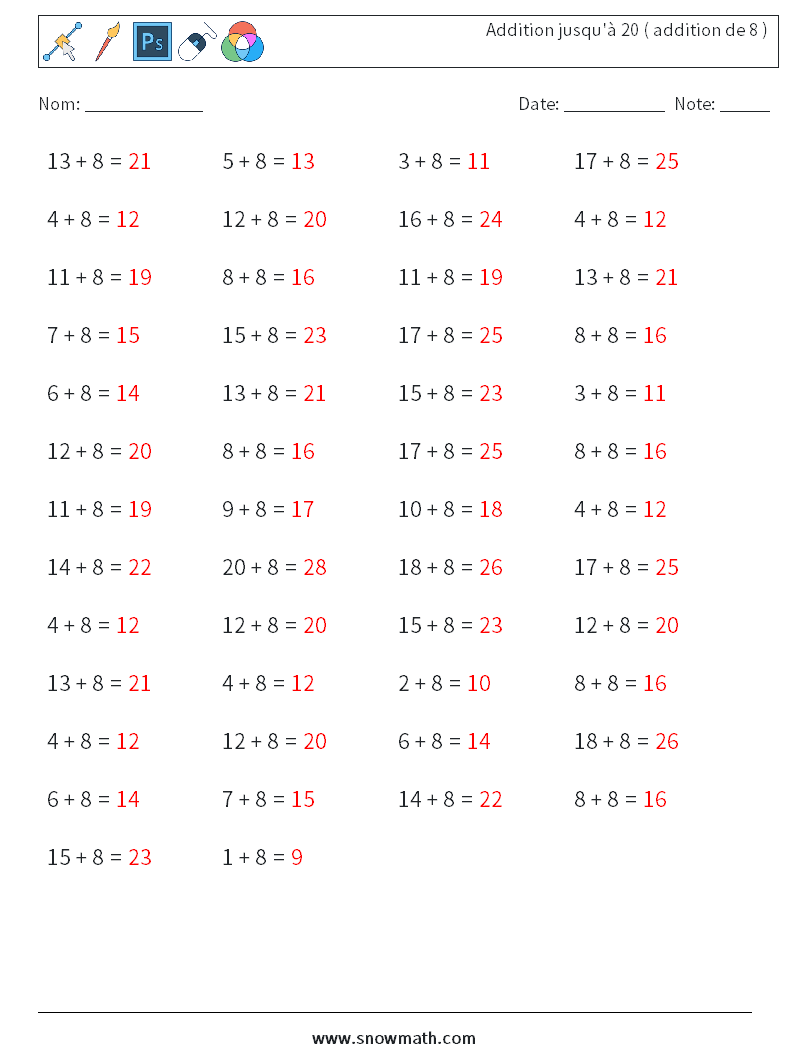 (50) Addition jusqu'à 20 ( addition de 8 ) Fiches d'Exercices de Mathématiques 1 Question, Réponse