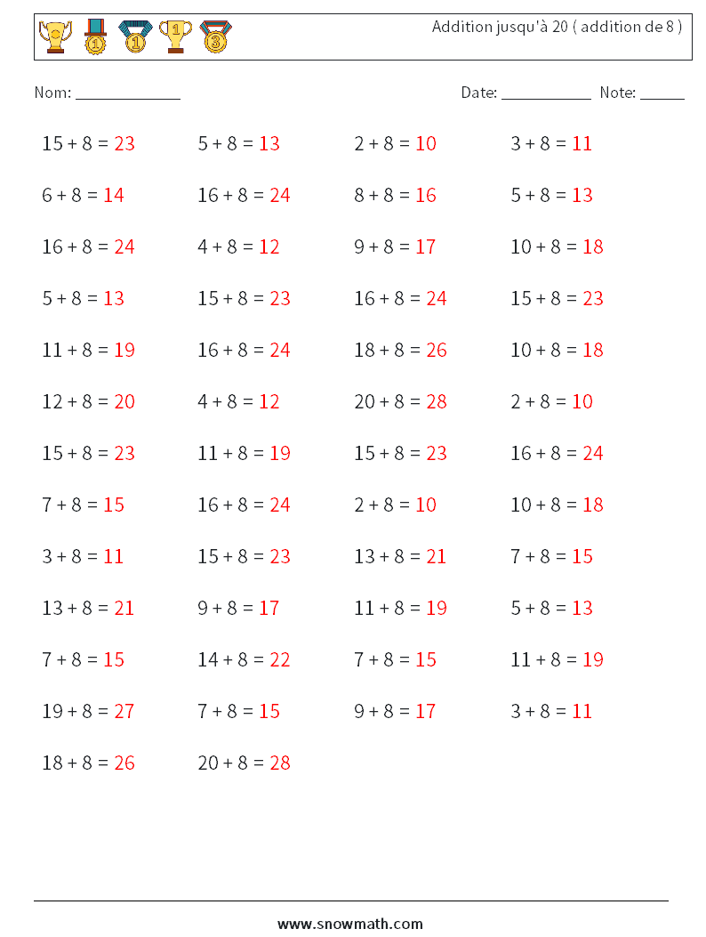 (50) Addition jusqu'à 20 ( addition de 8 ) Fiches d'Exercices de Mathématiques 2 Question, Réponse