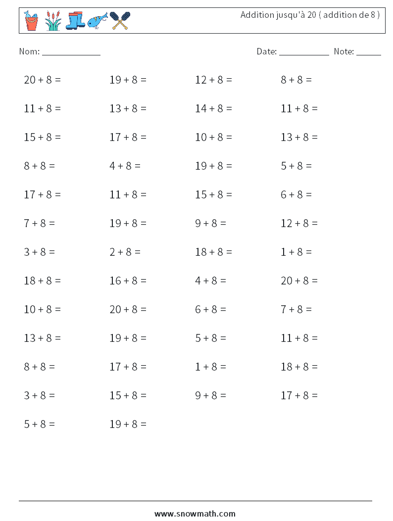 (50) Addition jusqu'à 20 ( addition de 8 ) Fiches d'Exercices de Mathématiques 3