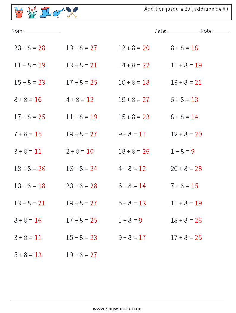 (50) Addition jusqu'à 20 ( addition de 8 ) Fiches d'Exercices de Mathématiques 3 Question, Réponse