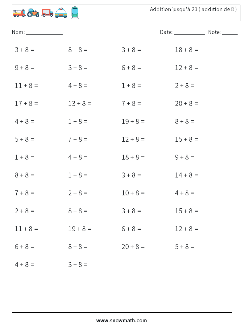 (50) Addition jusqu'à 20 ( addition de 8 ) Fiches d'Exercices de Mathématiques 4