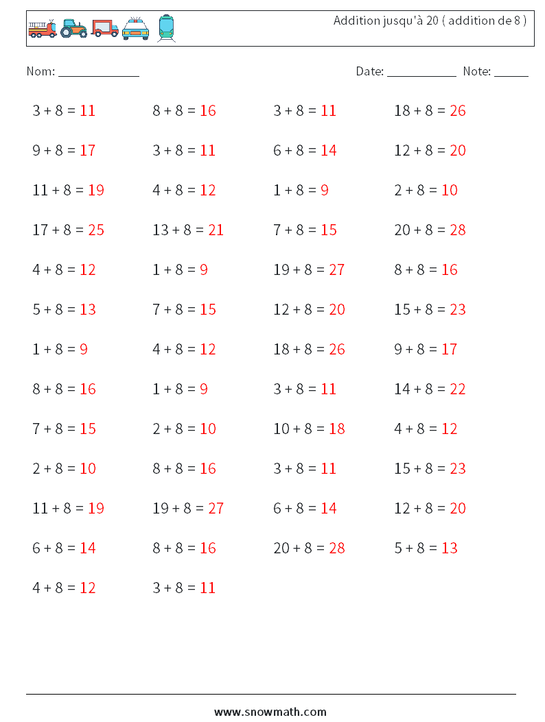 (50) Addition jusqu'à 20 ( addition de 8 ) Fiches d'Exercices de Mathématiques 4 Question, Réponse