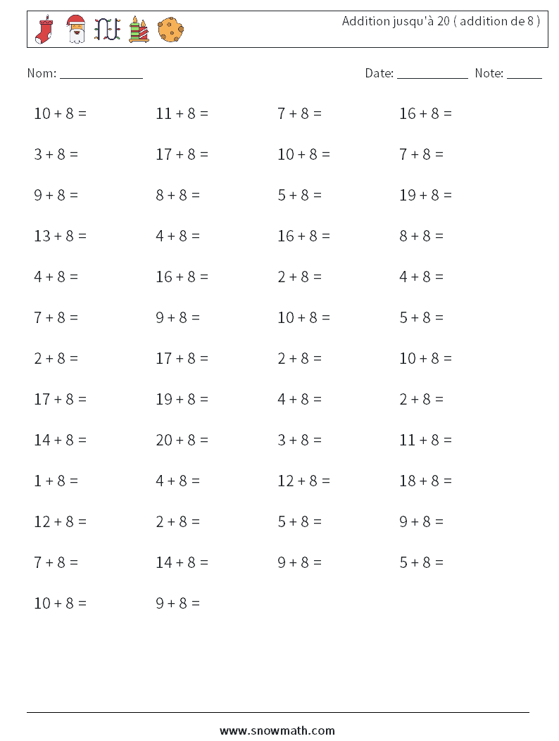 (50) Addition jusqu'à 20 ( addition de 8 ) Fiches d'Exercices de Mathématiques 5