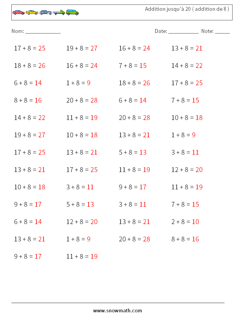 (50) Addition jusqu'à 20 ( addition de 8 ) Fiches d'Exercices de Mathématiques 6 Question, Réponse