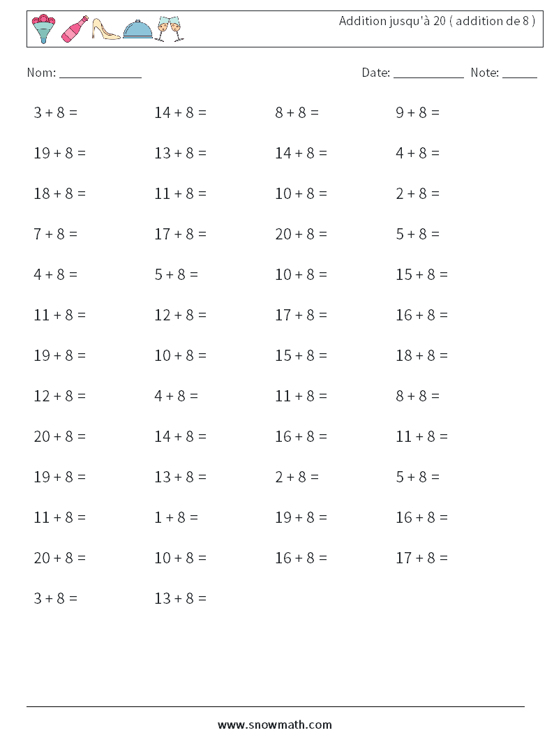 (50) Addition jusqu'à 20 ( addition de 8 ) Fiches d'Exercices de Mathématiques 7