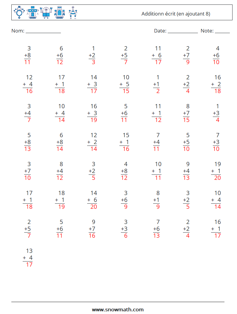 (50) Additionn écrit (en ajoutant 8) Fiches d'Exercices de Mathématiques 10 Question, Réponse