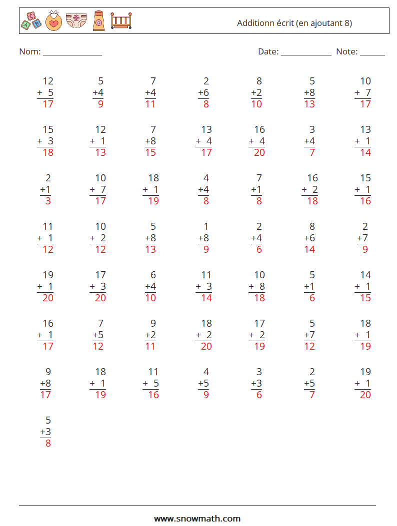 (50) Additionn écrit (en ajoutant 8) Fiches d'Exercices de Mathématiques 13 Question, Réponse