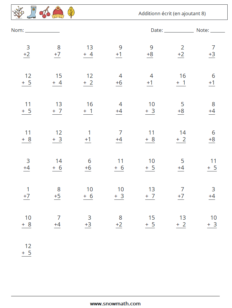 (50) Additionn écrit (en ajoutant 8) Fiches d'Exercices de Mathématiques 14