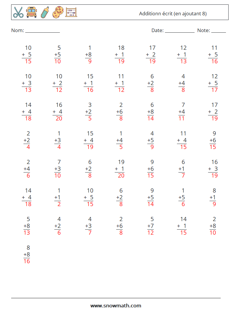 (50) Additionn écrit (en ajoutant 8) Fiches d'Exercices de Mathématiques 15 Question, Réponse