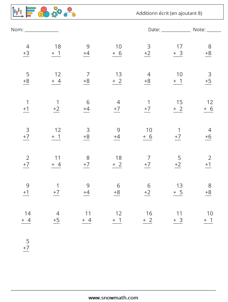 (50) Additionn écrit (en ajoutant 8) Fiches d'Exercices de Mathématiques 17