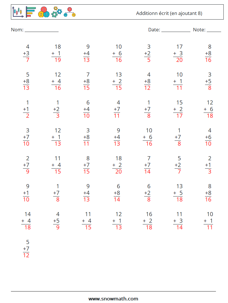 (50) Additionn écrit (en ajoutant 8) Fiches d'Exercices de Mathématiques 17 Question, Réponse