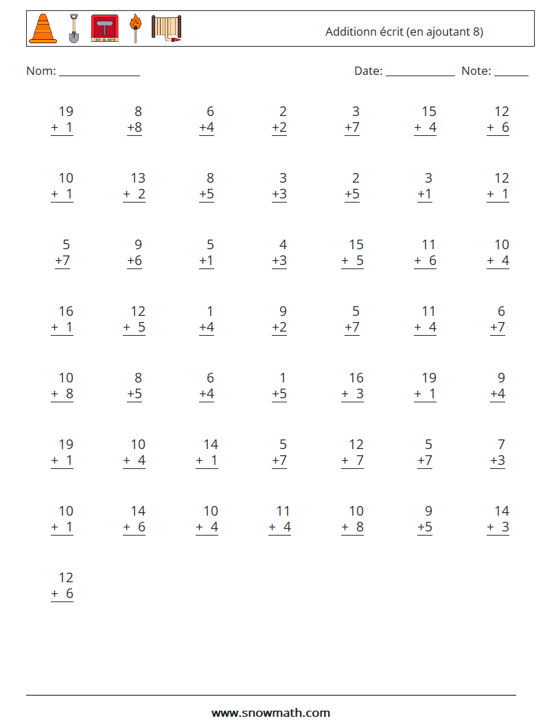 (50) Additionn écrit (en ajoutant 8) Fiches d'Exercices de Mathématiques 18