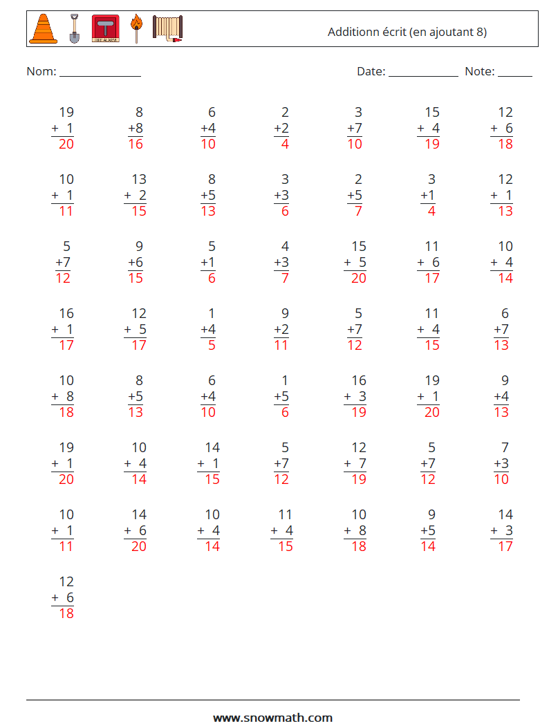 (50) Additionn écrit (en ajoutant 8) Fiches d'Exercices de Mathématiques 18 Question, Réponse