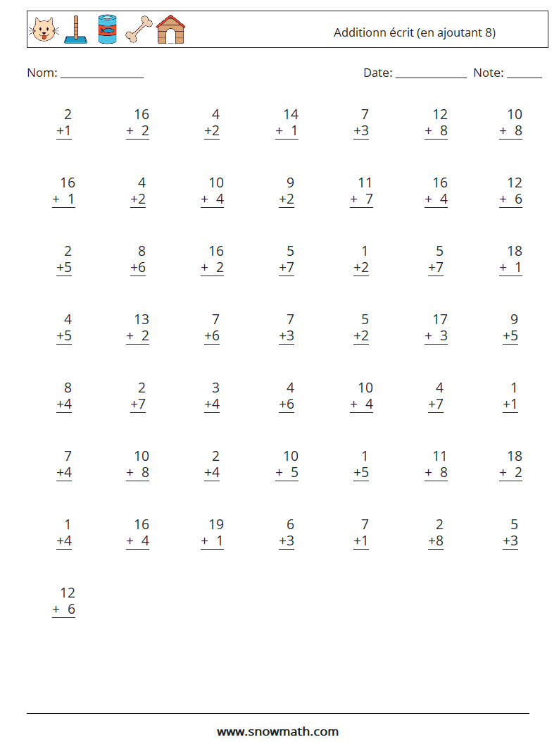 (50) Additionn écrit (en ajoutant 8) Fiches d'Exercices de Mathématiques 2