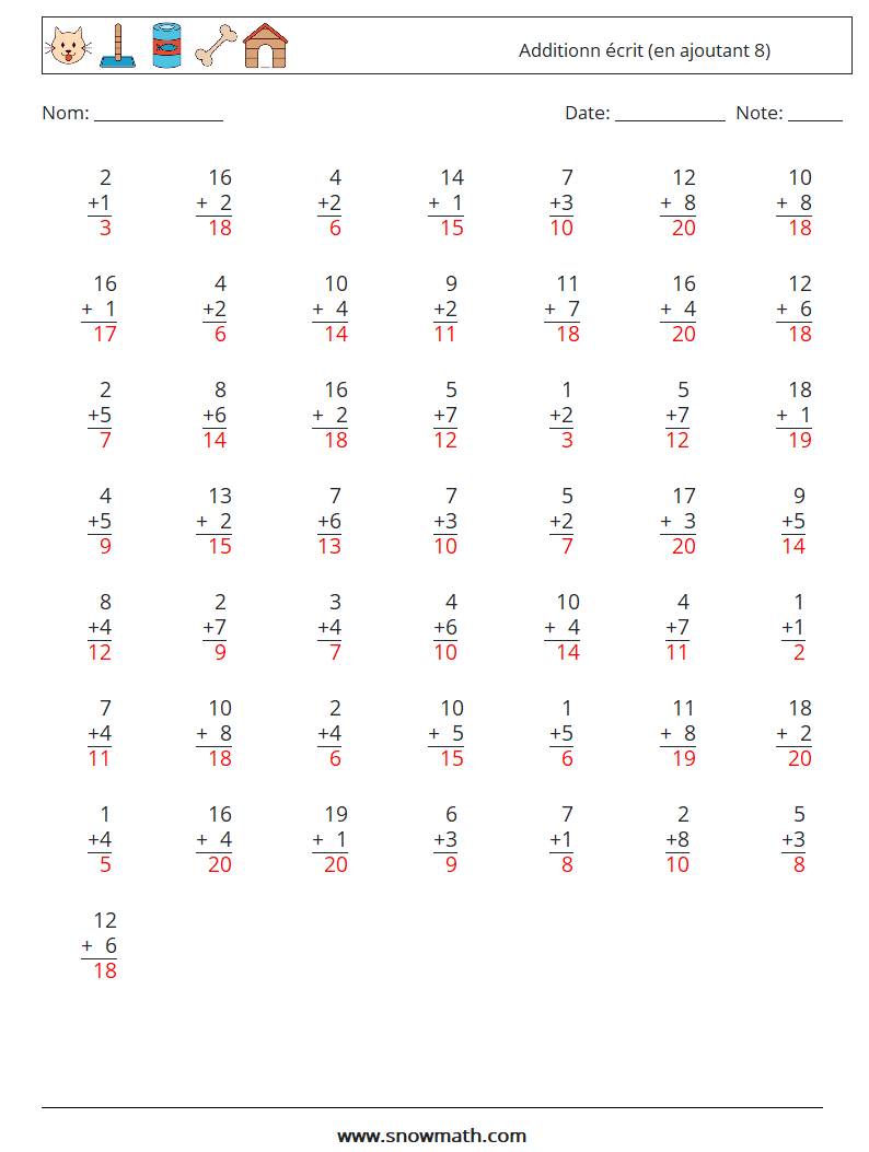 (50) Additionn écrit (en ajoutant 8) Fiches d'Exercices de Mathématiques 2 Question, Réponse