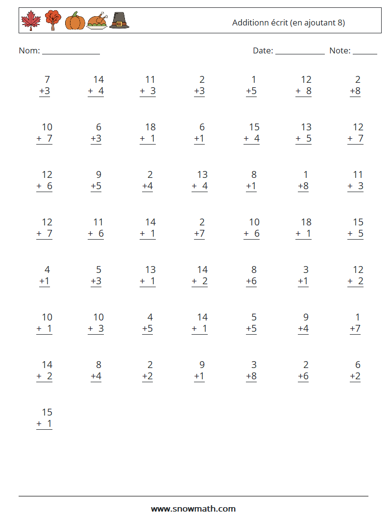 (50) Additionn écrit (en ajoutant 8) Fiches d'Exercices de Mathématiques 3