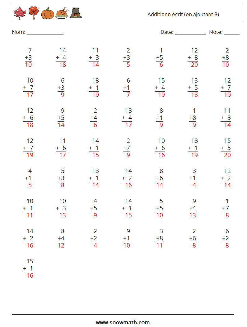 (50) Additionn écrit (en ajoutant 8) Fiches d'Exercices de Mathématiques 3 Question, Réponse