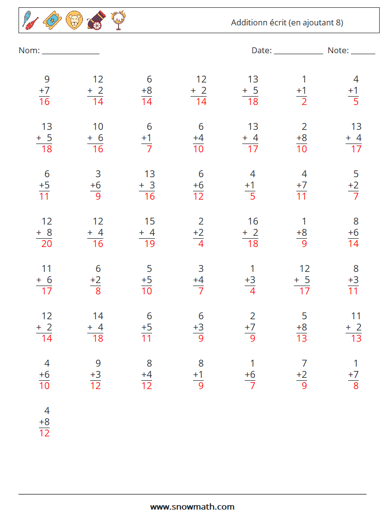 (50) Additionn écrit (en ajoutant 8) Fiches d'Exercices de Mathématiques 4 Question, Réponse