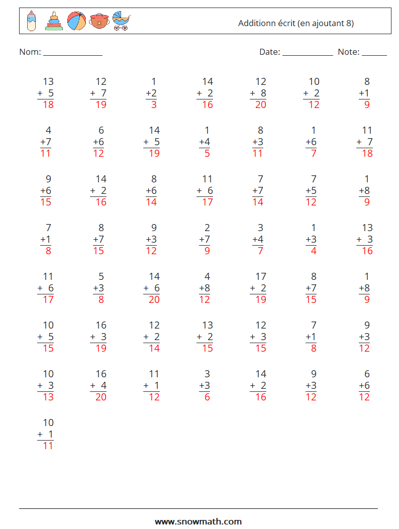 (50) Additionn écrit (en ajoutant 8) Fiches d'Exercices de Mathématiques 6 Question, Réponse