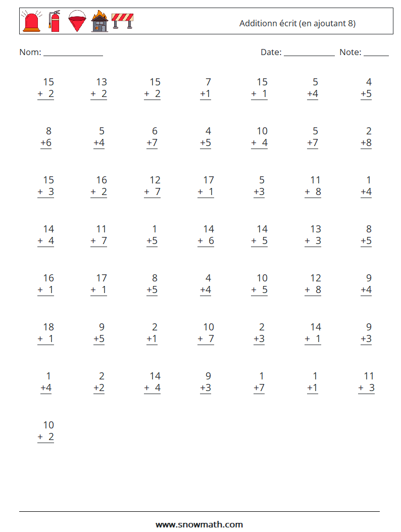 (50) Additionn écrit (en ajoutant 8) Fiches d'Exercices de Mathématiques 7