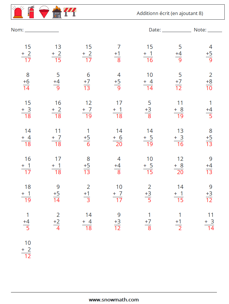 (50) Additionn écrit (en ajoutant 8) Fiches d'Exercices de Mathématiques 7 Question, Réponse