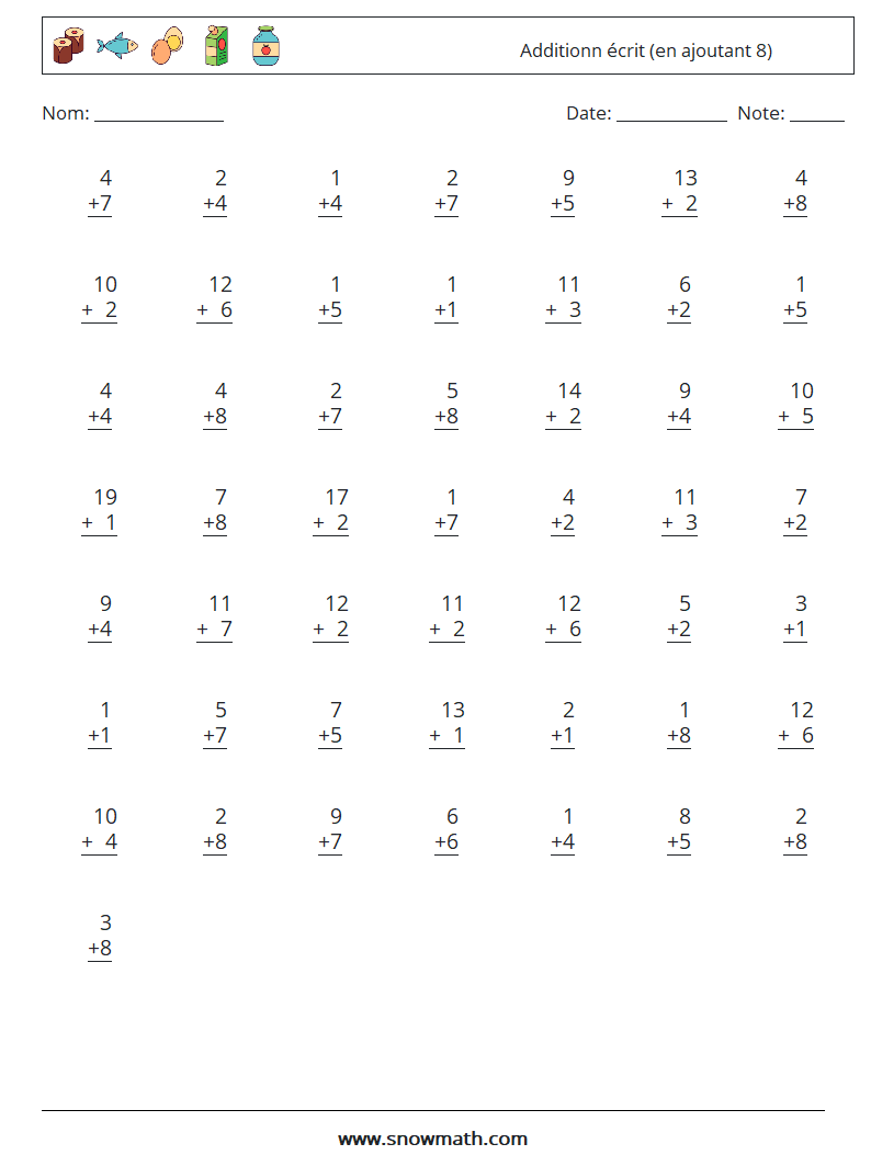 (50) Additionn écrit (en ajoutant 8) Fiches d'Exercices de Mathématiques 8