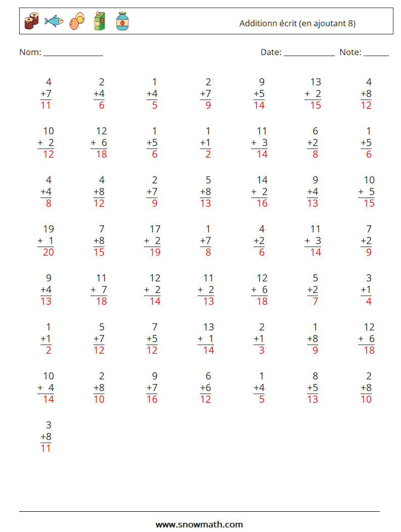 (50) Additionn écrit (en ajoutant 8) Fiches d'Exercices de Mathématiques 8 Question, Réponse