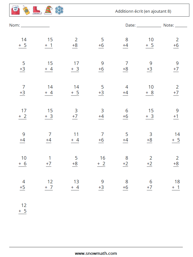 (50) Additionn écrit (en ajoutant 8) Fiches d'Exercices de Mathématiques 9