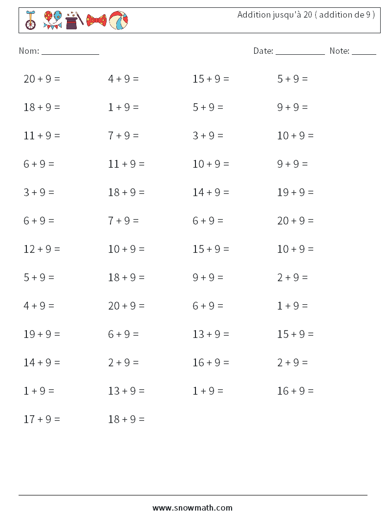 (50) Addition jusqu'à 20 ( addition de 9 ) Fiches d'Exercices de Mathématiques 1