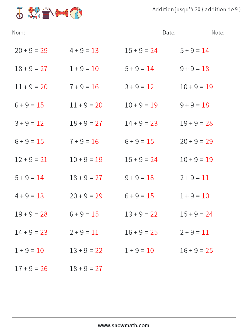 (50) Addition jusqu'à 20 ( addition de 9 ) Fiches d'Exercices de Mathématiques 1 Question, Réponse