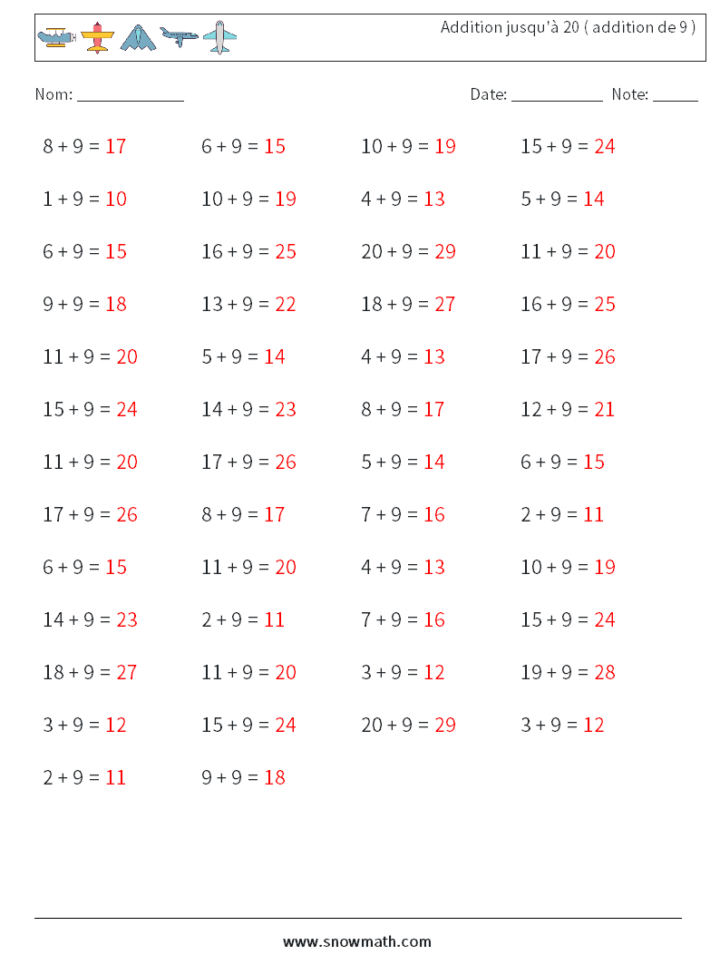 (50) Addition jusqu'à 20 ( addition de 9 ) Fiches d'Exercices de Mathématiques 2 Question, Réponse