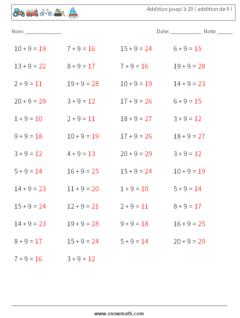 (50) Addition jusqu'à 20 ( addition de 9 ) Fiches d'Exercices de Mathématiques 4 Question, Réponse