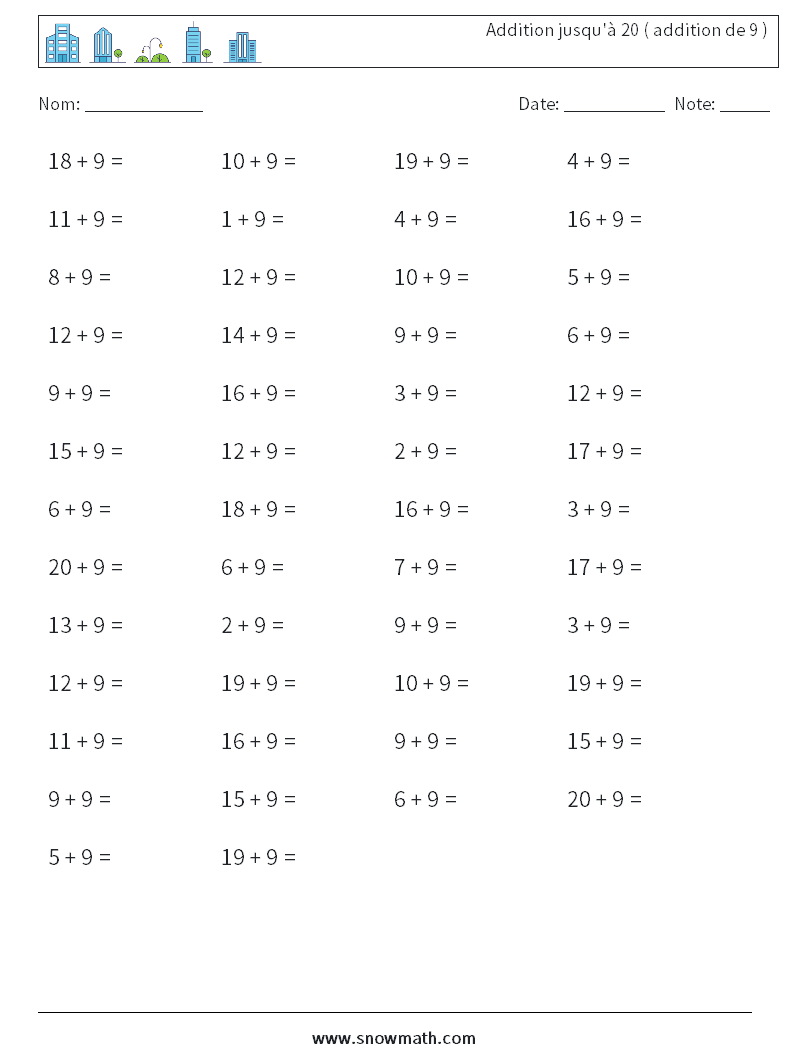 (50) Addition jusqu'à 20 ( addition de 9 ) Fiches d'Exercices de Mathématiques 5